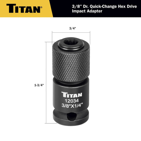 Three Eighths Inch Square Drive To One Quarter Inch Hex Quick Change Adapter For Impact Wrenches And Ratchets Heavy Duty Chrome Molybdenum Steel With Quick Release Collar Built To Last shown with dimensions