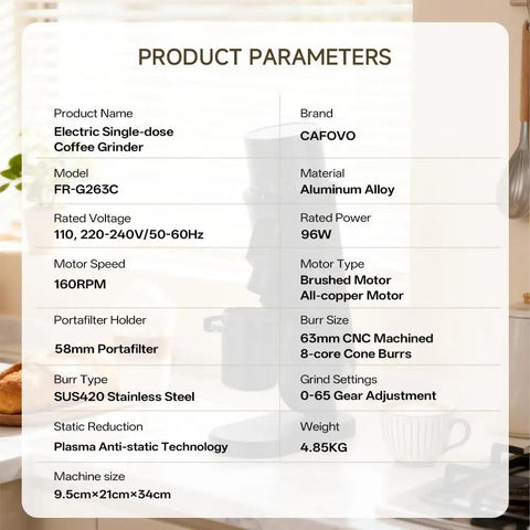 Product parameters for Top Tier Electric Single Dose Coffee Grinder With 63mm Conical Burrs And Zero Sixty Five Step Adjustments.