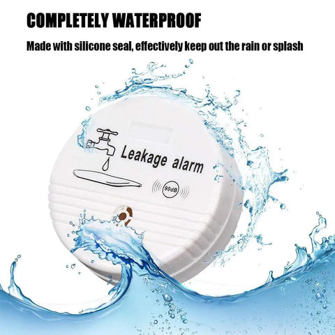 Two-Pack Battery Operated Water Leak Alarm Sensor With 90dB Alarm shown as waterproof with silicone seal illustration