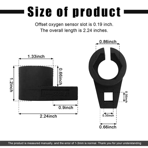 Dimensions of the Universal Offset Oxygen Sensor Socket For 3/8 Inch Drive By 7/8 Inch 22mm With Side Wire Gate Access Preventing Wire Damage Heavy Duty Chrome Molybdenum Steel Easy Torque Access For Tough Spots On Most Cars displayed on image