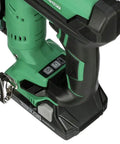 Close-up of 18V Cordless Pin Nailer Tool Only No Battery 23 Gauge Drives 5/8 Inch to 1 3/8 Inch Pins with green handle.