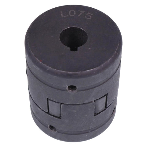 Black plastic L-jaw coupling hub with central bore for 1/2–7/8 in shafts, cylindrical with external slots