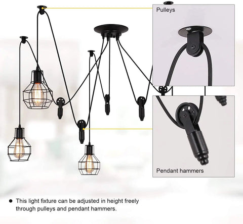 Five Head Adjustable Industrial Pendant Light With Vintage Spider Design installation showing pulleys and pendant hammers.