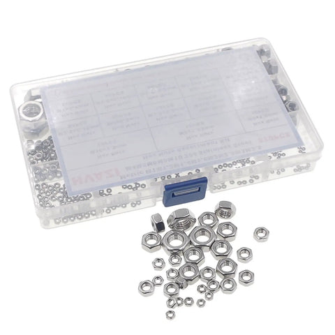 570 Piece Metric Hex Nut Set M1 To M10 Assortment Kit with coarse thread in clear compartment case, 304 stainless steel hardware