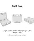 Durable Plastic Tool Box With Secure Latching System For Grab And Go Storage in black, showing dimensions and compartments.