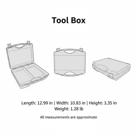 Durable Plastic Tool Box With Secure Latching System For Grab And Go Storage in black, showing dimensions and compartments.