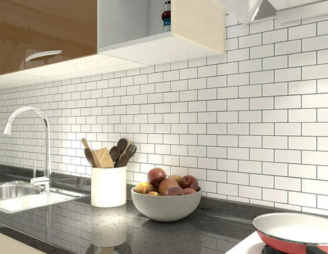 Kitchen with 5 Sheet Peel And Stick Backsplash Tiles 12 By 12 Inch Subway 3D Wall Panels In White With Gray Grout