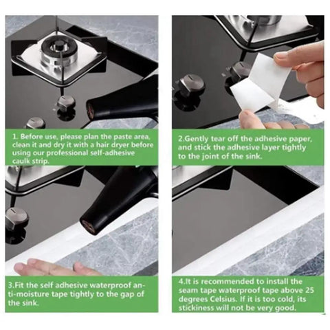 Heavy Duty PVC Sealing Tape For Kitchen Sink And Bathroom Waterproof Oil Proof Caulk Strip being applied for leak prevention.
