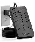Heavy Duty 6 Ft Extension Cord Surge Protector Power Strip With 14 AC Outlets And 6 USB Ports on wall outlet with black cord.