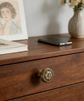 Antique Brass Cabinet Knobs 12 Pack Floral Carved Round Dresser Hardware For Rustic Cabinets Vanity Nightstands And Furniture Refinishing Projects With Old School Charm For DIY Home Makeovers installed on wooden drawer