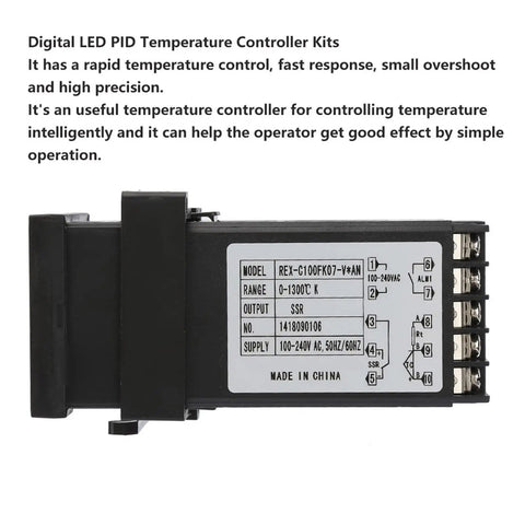 Industrial Digital Thermostat Kit With K Type Thermocouple Probe, SSR Included, Hardcore PID Temperature Controller For Heating Gear, Self-Tuning PID, 14-Bit Resolution, 0.5-Second Sampling, +-2C. black PID controller with terminal block and wiring label