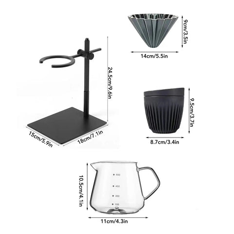 Top Shelf Pour Over Coffee Dripper Stand Set With Double Tier Brew Station featuring a matte black stand, ceramic filter, glass server and mug.