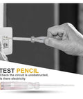 Hand using a test pencil with a transparent handle to check an electrical outlet.