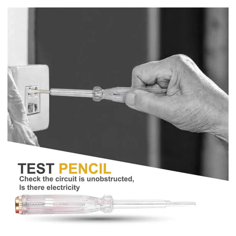 Hand using a test pencil with a transparent handle to check an electrical outlet.