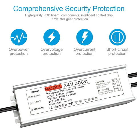All Weather 24V 300W Outdoor IP67 LED Power Supply Driver From 100 to 265V AC to 24V DC Aluminum Housing for LED Strips