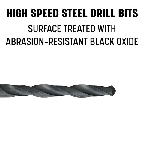 Heavy Duty Drill Bit Set For Daily Jobsite Grinds Plus Quick Fixes Features Black Oxide Coat That Lowers Heat And Boosts Grip 29 Sizes Span Sixteenths To Half Inch With Quarter Inch Shank For Snug Fit And Smooth Spin, high-speed steel drill bit with black oxide finish.