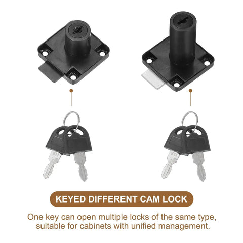 Lock Up Your Stash With This Heavy Duty Alloy Steel Drawer Lock 2 Pack Featuring Keyed Different Cylinders Built Tough For Quick Cabinet Security Install Black, showing two locks with keys.