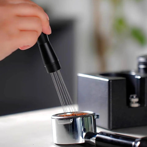Espresso Coffee Stirrer Tamper And Needle Type WDT Distribution Tool in use on espresso grounds, 304 stainless steel, 5.9 inch length.