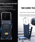 Heavy Duty Electric Stair Climbing Cart With Ergonomic Handle And Foldable Design For Moving Furniture, Appliances, Kegs, Tires Up And Down Stairs Effortlessly showing industrial lithium battery and tank rubber track.
