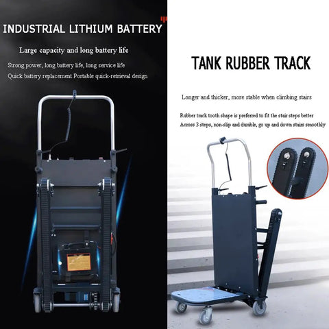 Heavy Duty Electric Stair Climbing Cart With Ergonomic Handle And Foldable Design For Moving Furniture, Appliances, Kegs, Tires Up And Down Stairs Effortlessly showing industrial lithium battery and tank rubber track.