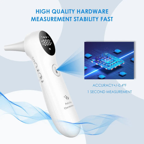 Pet Ear Thermometer for Dogs, Cats, and Livestock with Long Probe, Infrared Ear Thermometer for Fast OneSecond Read, Celsius Fahrenheit Conversion, Sound Switch, 20 Pet Swabs Included white angled view