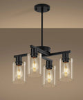 Four Light Black Farmhouse Chandelier With Adjustable Height Pendant Lighting For Dining Rooms showcasing geometric iron frame and glass globes.