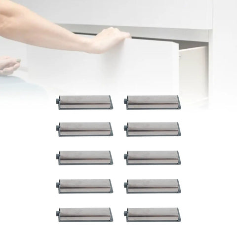 10 Pack Magnetic Push Open Latches For Cabinets And Drawers, Stainless Steel Recessed Hardware, shown in use on white drawer