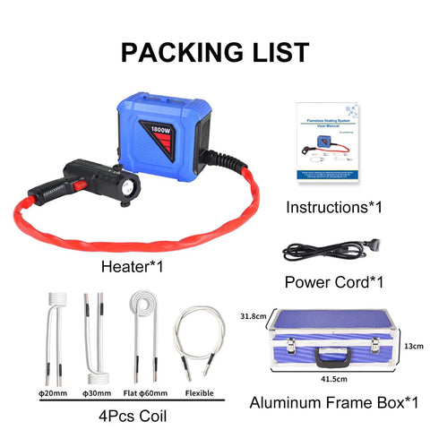 Straight Up 1800W Induction Bolt Heater Kit With Four Interchangeable Coils And A Rugged Aluminum Travel Case contents displayed.