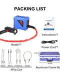 Top Tier 1800W Handheld Induction Heater with four coils, power cord, and aluminum box for easy storage and transport.