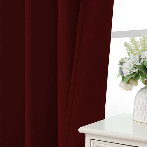 Burgundy Red Blackout Curtains 96 Inch Long 2 Panels Rod Pocket Window Drapes Darkening Thermal Insulated Light Blocking next to a vase