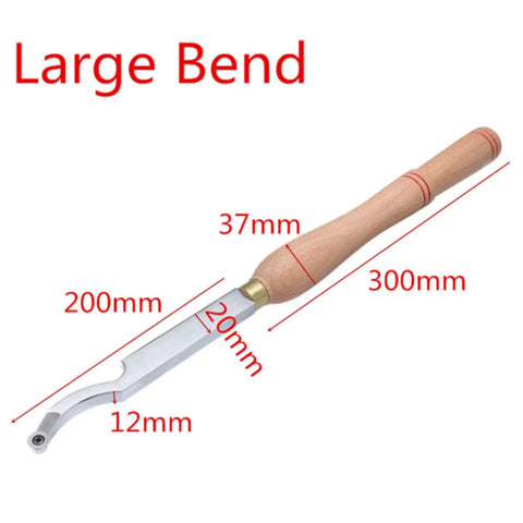 Four Piece Carbide Tipped Wood Turning Lathe Chisel Set With Straight Cutting And Curved Hollowing Blades Featuring Tough Alloy Shafts And Beech Handles For Straight Fire Workshop Builds That Kick Serious Craftsman Vibes, showing a large bend chisel with measurements.