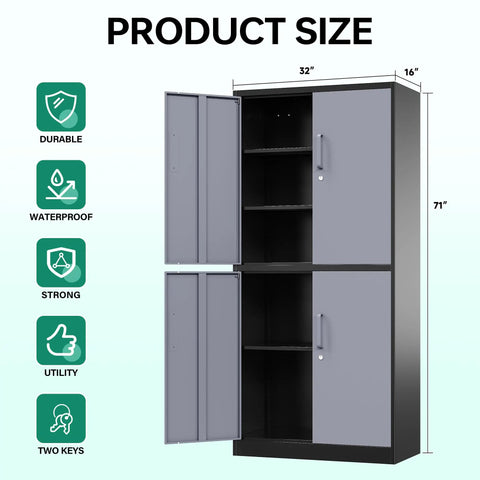 Heavy Duty Metal Storage Cabinet With Locking Doors And Shelves 71 Inch Tall Steel Garage Cabinet Built Tough For Home Office Workshop And Warehouse Powder Coated Finish Moisture Proof And Rust Resistant Secure Locking, 71x32x16 in