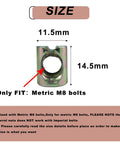 Diagram showing 10 Pack Zinc Plated M8 Barrel Nuts 11.5mm Diameter 14.5mm Length For M8x1.25 Bolts Cross Dowels Slotted Nuts Crib Bed DIY Hardware Replacement Kit Easy Install dimensions with text guidelines.