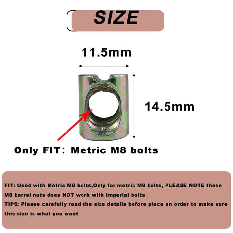Diagram showing 10 Pack Zinc Plated M8 Barrel Nuts 11.5mm Diameter 14.5mm Length For M8x1.25 Bolts Cross Dowels Slotted Nuts Crib Bed DIY Hardware Replacement Kit Easy Install dimensions with text guidelines.