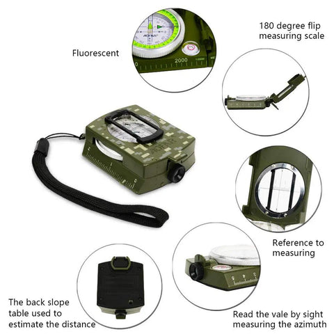 Rugged Survival Compass and Fire Starter Kit with Lensatic Sight showing measuring scale and fluorescent dial.
