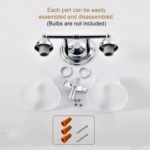 Parts of Two Light Chrome Vanity Wall Sconce Lighting With Frosted Glass Shade displayed for assembly, excluding bulbs.