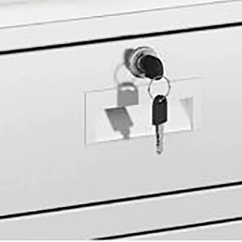 Close-up of the lock mechanism with keys on a Kickass Heavy Duty Stainless Steel Workbench Setup for Office or Commercial Kitchen.