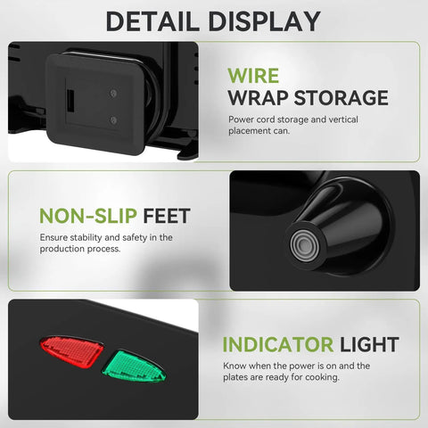 Detail display of OSTBA 2 Slice Sandwich Maker Grill With Powerful 750W Non Stick Plates showcasing wire wrap storage, non-slip feet, and indicator light.