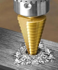 Titanium Coated Step Drill Bit Set With 3 Pieces And 28 Hole Sizes From One Eighth Inch To Three Quarters Inch For Plastic Wood Aluminum And Sheet Metal Hole Drilling High Speed Steel Titanium Coated Bits Include One Quarter Inch Hex Shank Quick Change drilling into metal