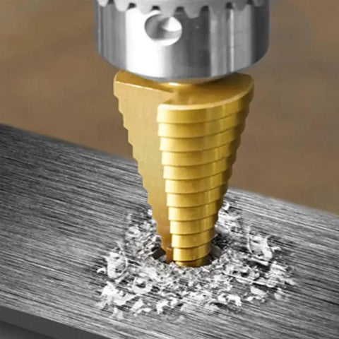 Titanium Coated Step Drill Bit Set With 3 Pieces And 28 Hole Sizes From One Eighth Inch To Three Quarters Inch For Plastic Wood Aluminum And Sheet Metal Hole Drilling High Speed Steel Titanium Coated Bits Include One Quarter Inch Hex Shank Quick Change drilling into metal