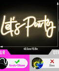 Lets Party Neon Sign Dimmable LED Neon Light For Wall Decor 16x7 Inches, acrylic with warm white glow, dimension details shown