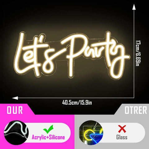 Lets Party Neon Sign Dimmable LED Neon Light For Wall Decor 16x7 Inches, acrylic with warm white glow, dimension details shown