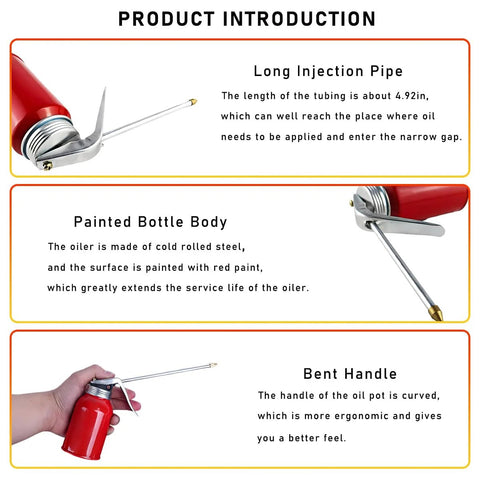 Povtii 2-pack oil can pump oiler, red 200ml metal spray can with 4.92-inch spout, front view