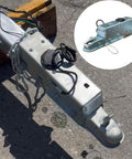2-inch ball trailer hitch with hydraulic surge brake actuator; disc brake, silver metal housing.