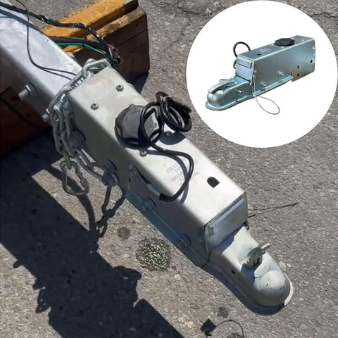 2-inch ball trailer hitch with hydraulic surge brake actuator; disc brake, silver metal housing.