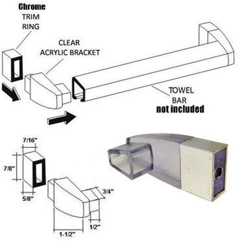 Clear Acrylic Towel Bar Brackets For Framed Sliding Shower Doors And Tub Enclosures Compatible With Basco And Alumax Shower Doors Replacement Parts Set Of Two Including Installation Screws, with dimensions and installation details