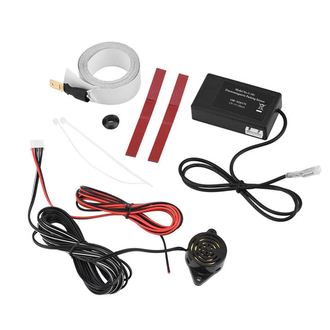 360 Degree Parking Sensor System No Drill Installation With Buzzer Alert components including wires, control unit, and adhesive strips.