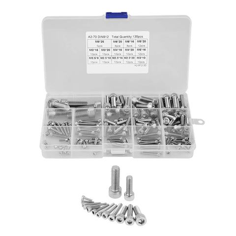 135-Piece Metric Screw Assortment Kit With Button Head Socket Cap Bolts In 304 Stainless Steel, shown in transparent box with size labels
