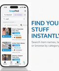Phone screen displaying SnapFind app interface, showcasing AI Auto Tagged QR Code Labels For Storage Bins And Moving Containers.