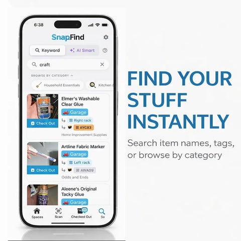 Phone screen displaying SnapFind app interface, showcasing AI Auto Tagged QR Code Labels For Storage Bins And Moving Containers.